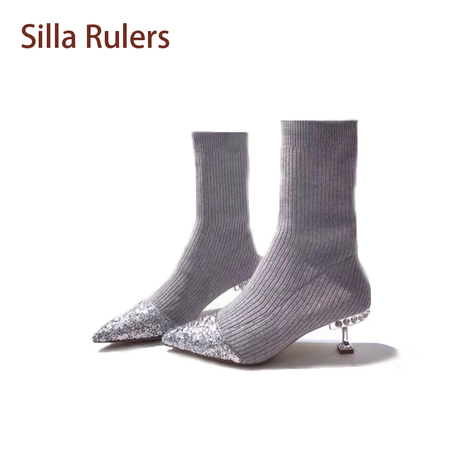 Здесь продается  Silla Rulers Fasion Pointed Toe Stretch Sock Boots Crystal StudStrange Med Heel Women Short Boots Blingbling Patchwork Knit Boot  Обувь