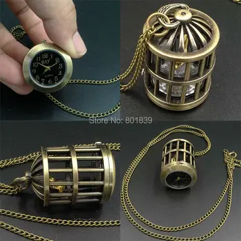 

Bronze Tone Bird Cage Pendant Quartz Pocket Watch w/Necklace Chain New Nice Xmas Gift Wholesale Price H090