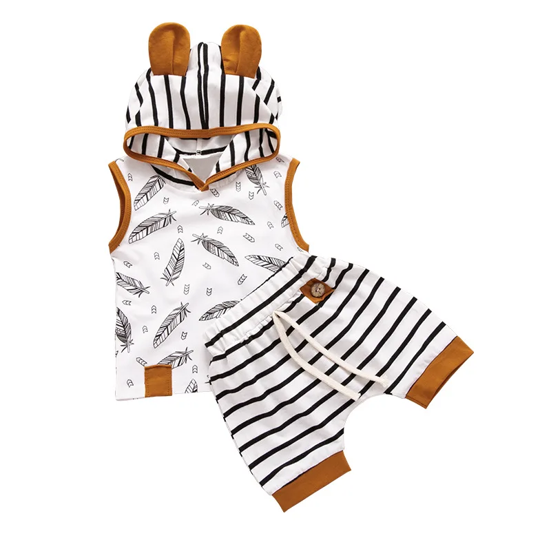 

handsome boys clothing boy summer sleeveless hooded striped tops shorts patchwork beachwear baby clothes sets 2pcs 0-24M