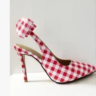 

Sweet Girl Pink White Gingam Pointed Toe Sandals Butterfly-knot High Quality Thin And High Heels Party Dress Shoes
