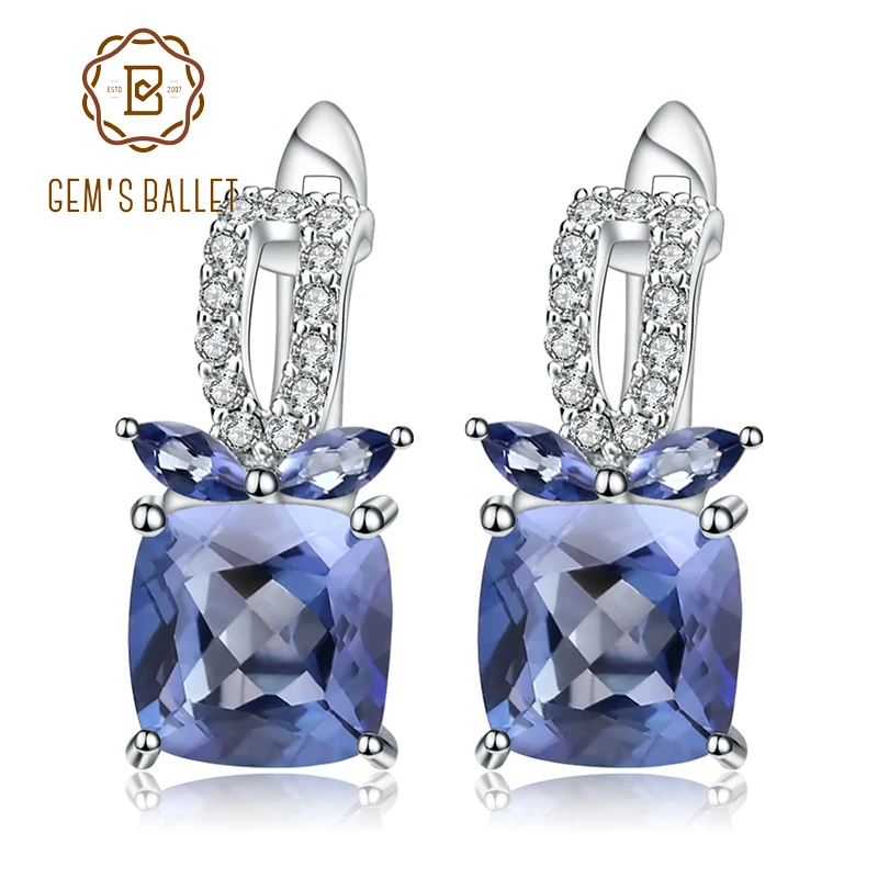 

GEM'S BALLET 4.4Ct Iolite Blue Mystic Quartz Gemstone Earrings 925 Sterling Silver Clip Earrings For Women Fine Jewelry
