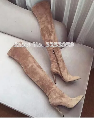 

ALMUDENA Luxurious Brand Suede Tall Boots Pointed Toe Slim Fit Thigh High Boots Stiletto Heels Sexy Long Boots Real Photo Shoes