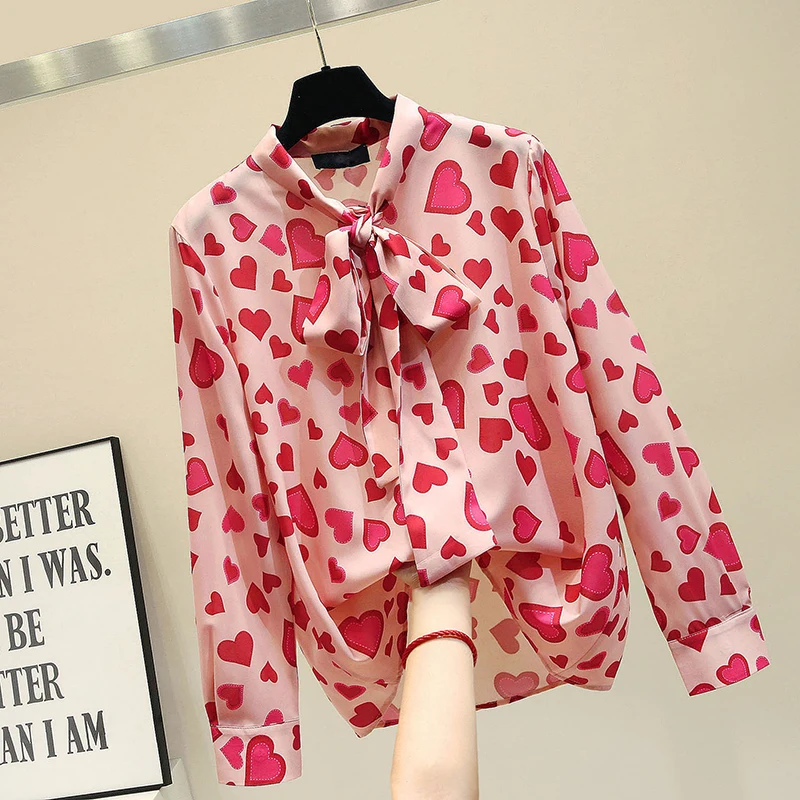 

TingYiLi Korean Fashion Heart Print Chiffon Blouse Shirt Elegant Work Wear Bow Collar Pink Tops Long Sleeve Women Blouse