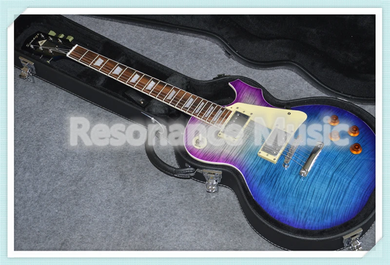 

New Arrival China OEM Tiger Flame Grain Suneye LP Standard Style Electric Guitarra With Pearl Inlaid & Guitar Case