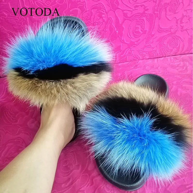 COOLSA Hot Women's Striped Plush Fur Slippers Super Fluffy Furry Fox Fur Slides Travel Quick Drying Beach Flip Flops Plus Size