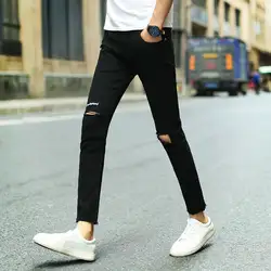 2018 летние новые штаны модные мужские с вышивкой с надписями рваные джинсы длиной до щиколотки Slim Fit повседневные брюки мальчиков черный/