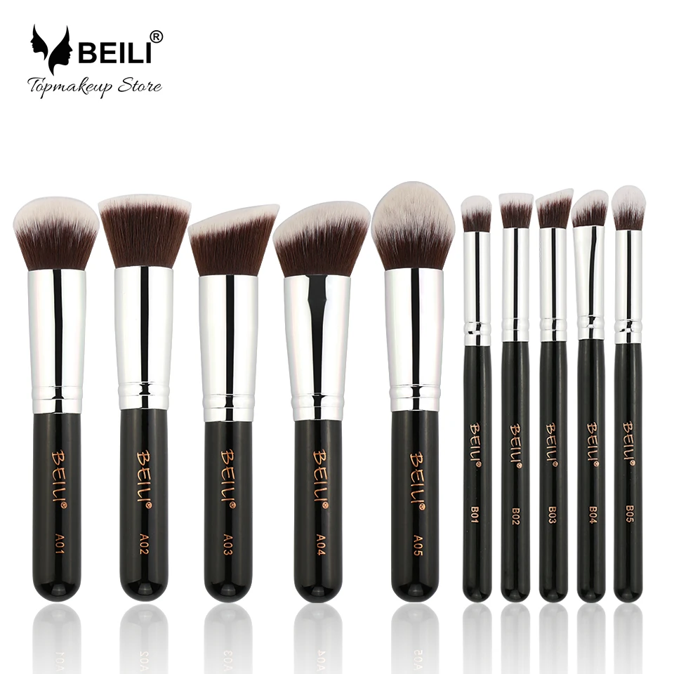 Продажа BEILI 10 шт. Кабуки для лица Пудра Румяна Контур тени для век синтетический Vegan макияж расчёски для волос комплект