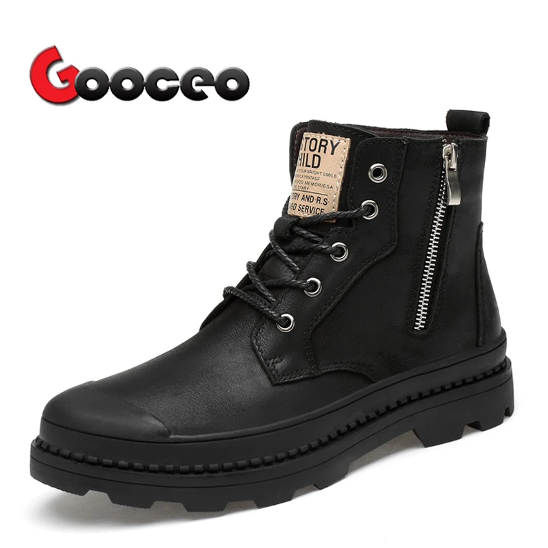 

Men's Ankle Boots Chukka Cotton-Padded Boots Outdoor Safety Work Winter Leather Warm Lace-Up High-top 6 inch Black Zipper