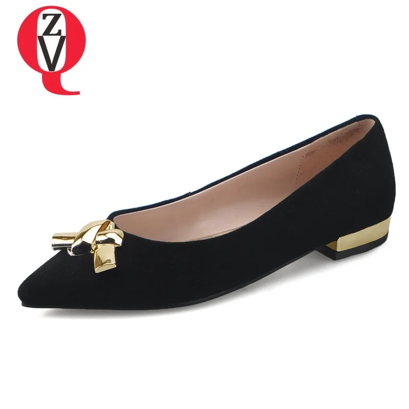 

ZVQ 2019 spring new concise casual women flats flock outside comfortable pointed toe black green metal decoration shoes women