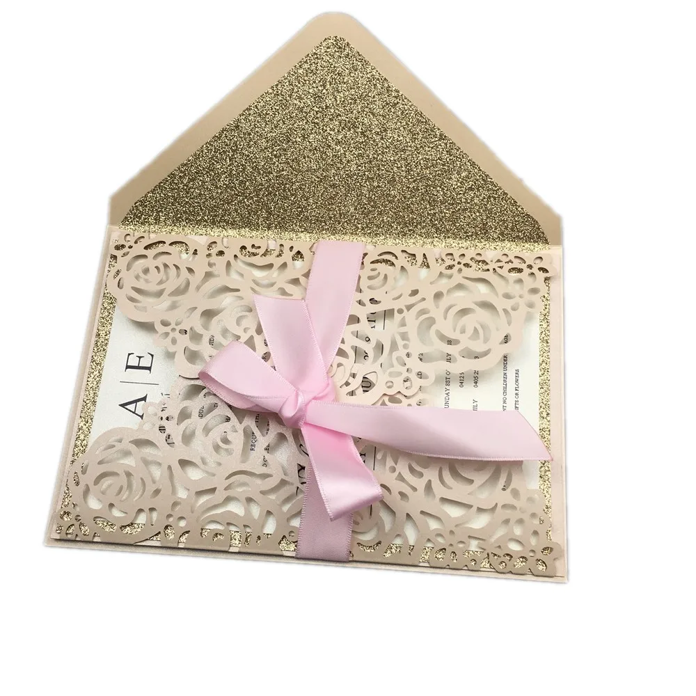 50X высококачественные светло-розовые свадебные пригласительные открытки вырезанный лазером цветок блестящие приглашения с лентой конверта