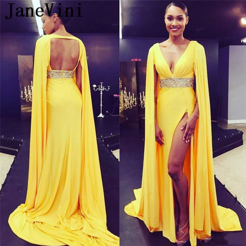 JaneVini Sexy Mermaid Arabische Geel Lange Avondjurken 2019 Diepe V-hals Kralen Open Terug Hoge Split Chiffon Jurk Robe de Soiree JaneVini Sexy Mermaid Arabische Geel Lange Avondjurken 2019 Diepe V-hals Kralen Open Terug Hoge Split Chiffon Jurk Robe de Soiree