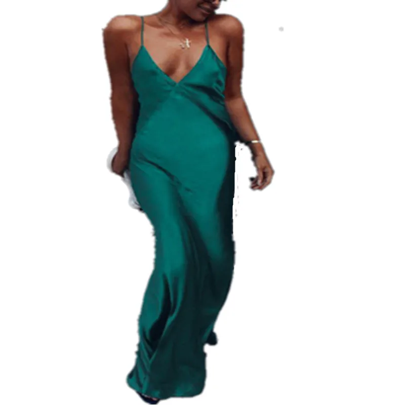 

Sexy Women's Bandage Bodycon Sleeveless Party Dress Stapless V-Neck Sil Satin Vintage Dress Long Maxi Dress Holiday Dress
