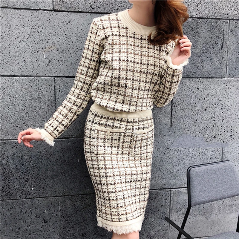 

Chic Sweater Suits Women 2019 Hit Color Tweed Plaid Pattern Knit Half High Callor Sweater + High Waist Pencil Skirt 2 Piece Sets