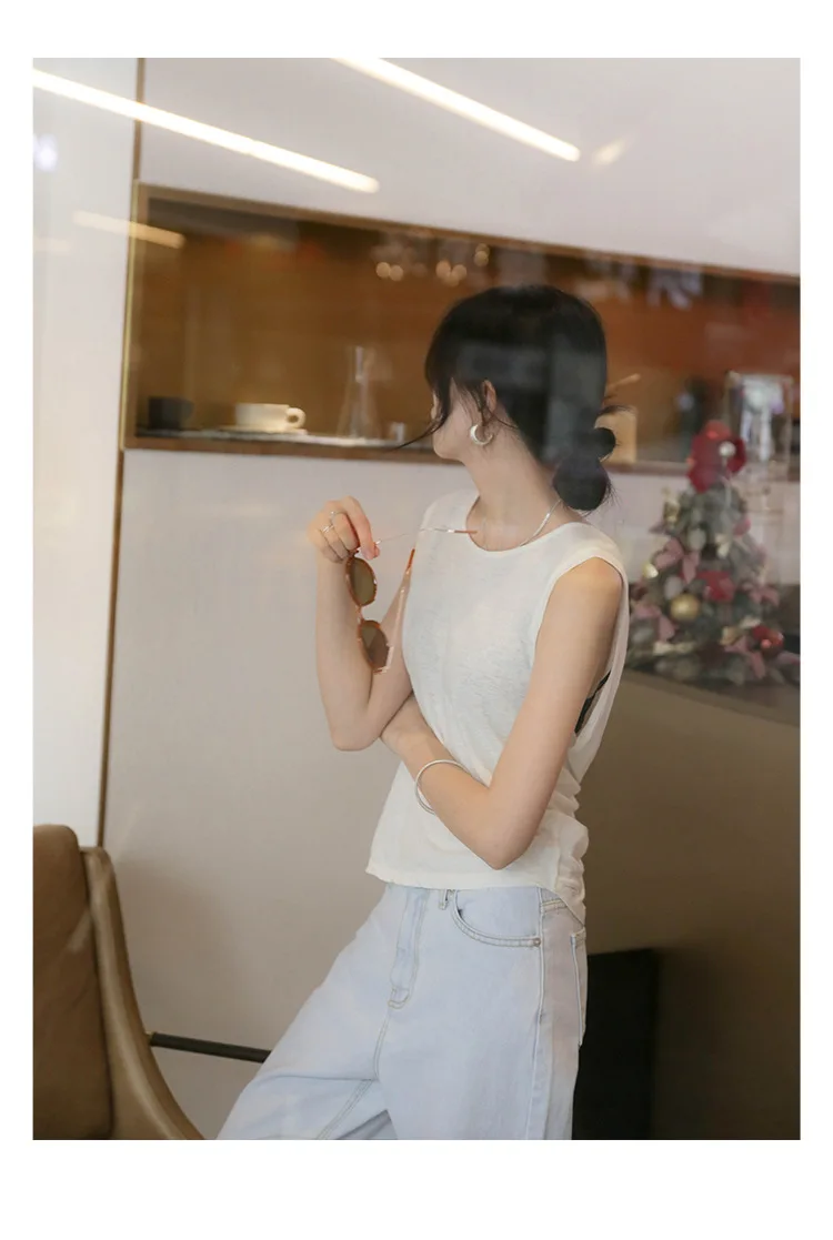 Twist Back Linen Tops Women Knitted Sleeveless Low Back Tank Top