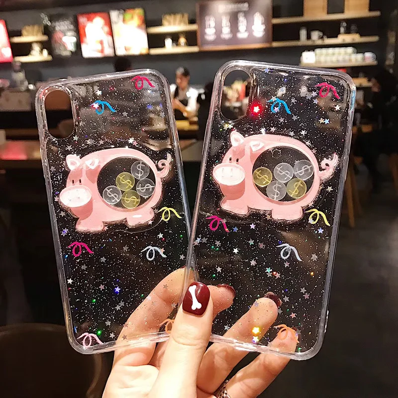 New Cartoon Piggy Bank Glitter Star Case for iPhone X XS Max XR Transparent Soft Silicon Cover 8 7 6S plus Capa Coque |