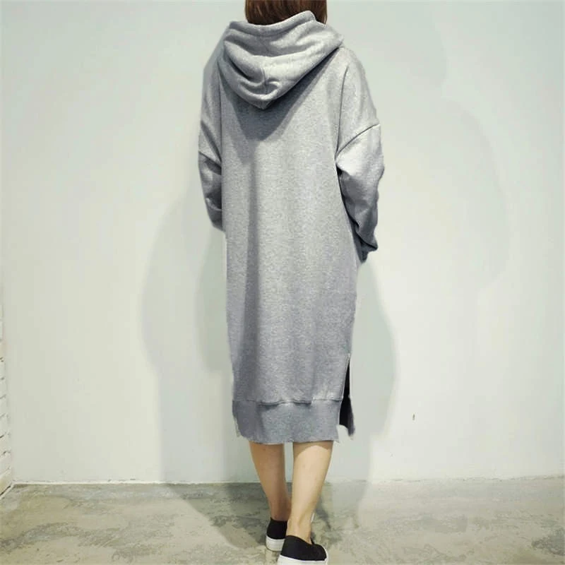 S 5XL ZANZEA Повседневный флисовый пуловер с разрезом, осень, свободное платье с капюшоном, Женское зимнее теплое длинное платье с длинным рукавом