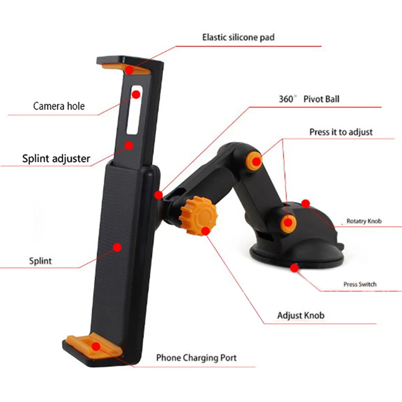 Mobile Phone Holder 360 Degree Car Windshield Mount Holder For 7-11" IPad Mini/2/3/4/Air IPhone Tablet GPS