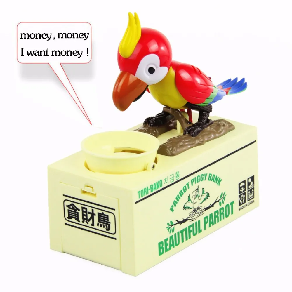 

New Arrival Mechanical Robotic Hungry Parrot Eating Coins Piggy Bank Saving Bank Saving Pot Money Box Free Shipping