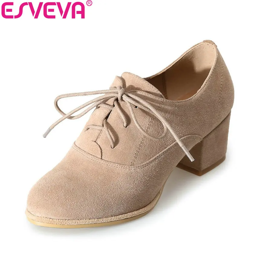 

ESVEVA 2018 Round Toe Lace Up Woman Pumps Round Toe Shoes Women Square High Heels Cow Suede PU Pumps Elegant Shoes Size 34-39
