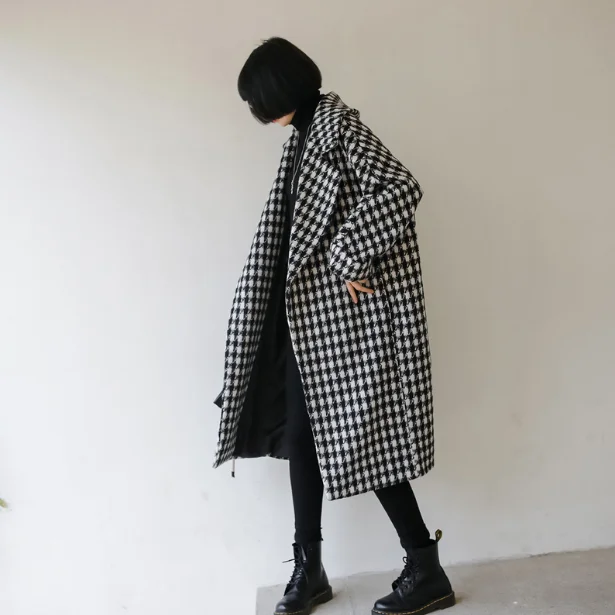 

Winter Medium Long Overcoat Woolen Plaid Check Tweed Pockets Coats Casaco Feminino Abrigo
