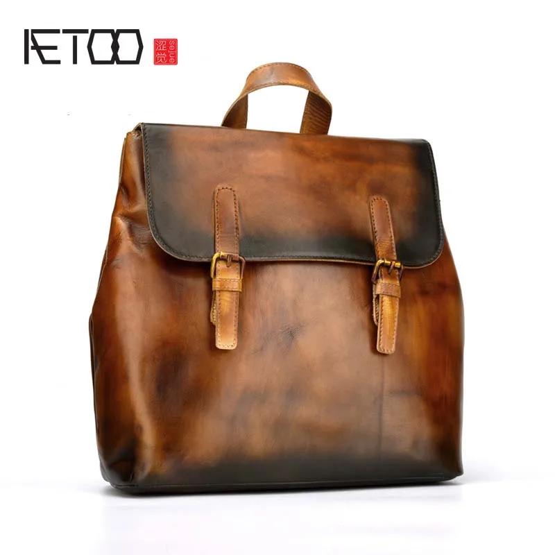 

AETOO Handmade wiping vintage backpack men women real leather cowhide leather backpack casual travel backpacks