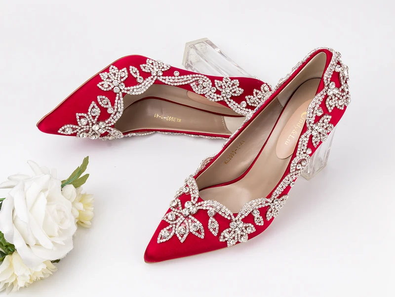 Women's Sexy Floral Crystal Heels Pump-Red