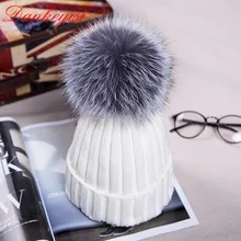 DANKEYISI Fashion Autumn Winter Women Cap Fox Fur Ball Hat Pom Poms 12CM Cap Female Warm