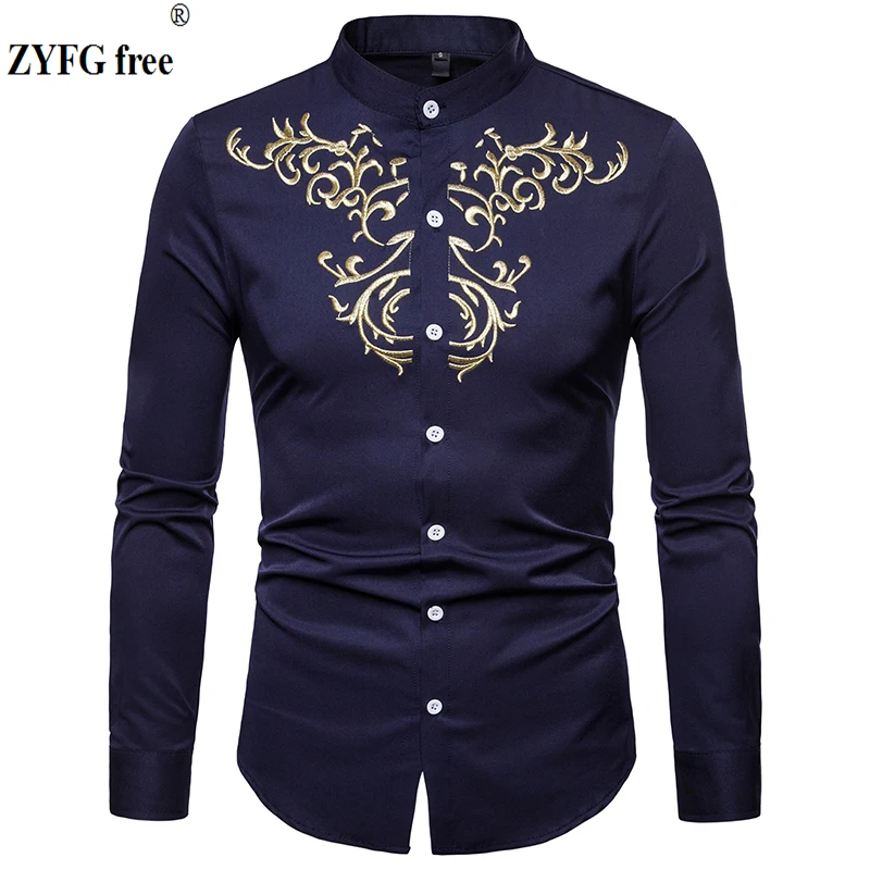 

ZYFG free Men's Business Casual shirts stand neck Smart Male shirt embroidery Long Sleeved Shirt Social Dress Shirts EU/US Size
