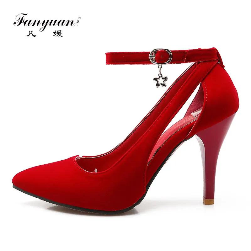 

Fanyuan 2017 Women Working Shoes Pumps Leisure Ankle Strap Pointed Toe Spring Summer Thin Heels Shoes Flock High Heels Shoes