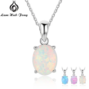 Women 925 Sterling Silver Pendant Necklaces Created Oval White Pink Blue Opal Necklace Birthday Gifts for Wife (Lam Hub Fong)