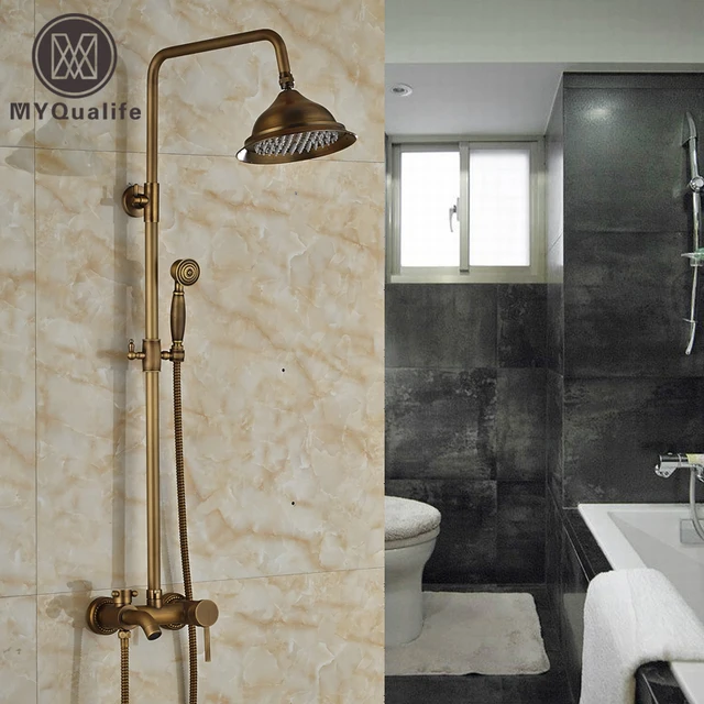 Brass Antique Outdoor Shower Faucet Wall Mount 8" Rainfall Bath Shower