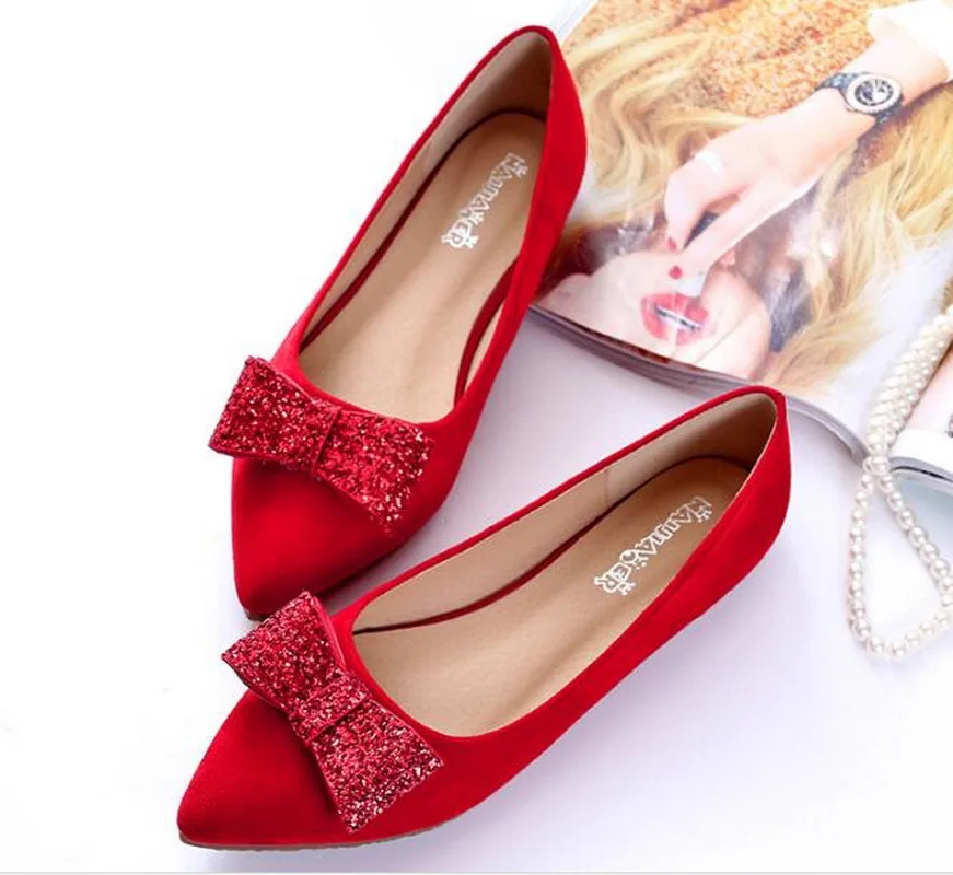 

New wedding shoes, fashion flat, small red shoes, bow-tie shoes, large size shoes, 33-43