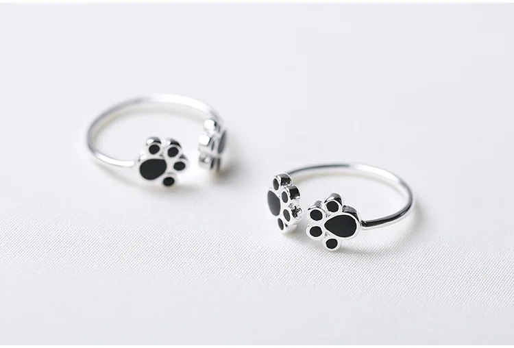 Новое поступление, модные кольца с принтом собачки, кошки, лапы, кольцо с черной эмалью для женщин, девушек, милый серебряный цвет, животное, 925, ювелирное изделие, подарок