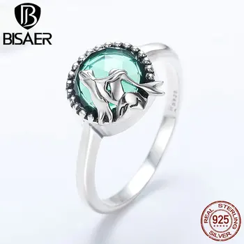 

Bisaer Authentic 925 Sterling Silver Ring Ocean Blue Crystal Amazing Mermaid Women Finger Ring Sterling Silver Band Gift HSR361