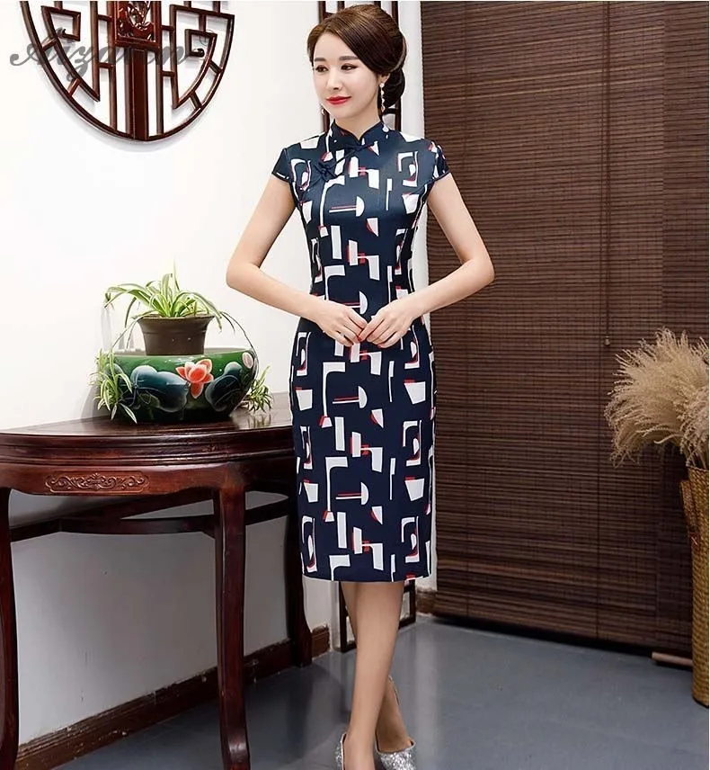 Impresión Cheongsam с длинными рукавами moderna madre Qipao vestidos Восточный trajes de las mujeres vestido Чино tradicional vestido negro