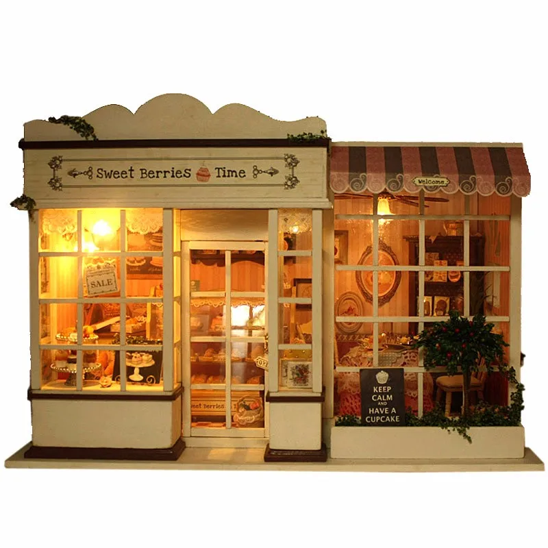 DIY Sweet Berries Time Handcraft Miniature Dollhouse Assembled Voice LED Lights Music Weatern Shop Model Children Kids Toys