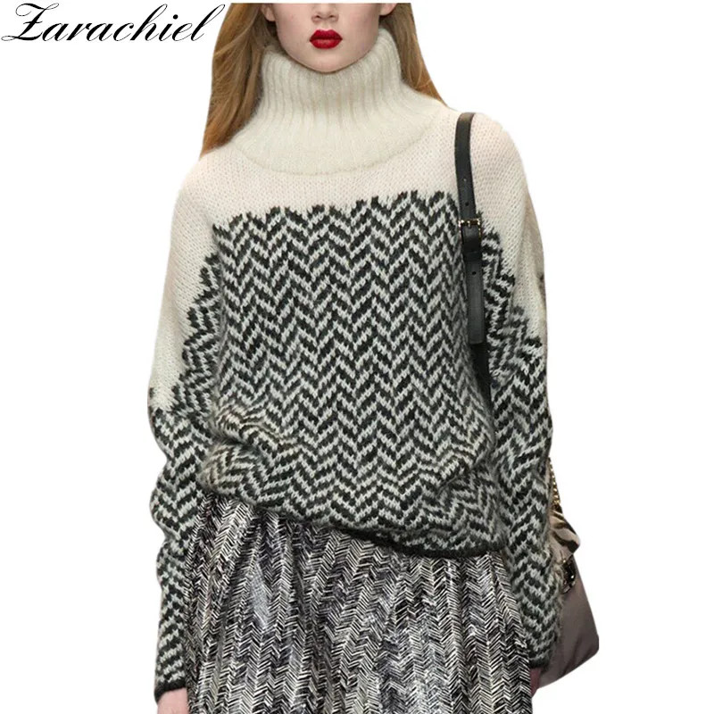 

Zarachiel Turtleneck Knitted Pullover Sweater Women Winter Wavy Fringe Striped Loose Warm Wool Sweater Soft Jumper pull femme
