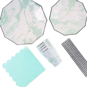 

8 Sets Disposable Tableware Mint Marble Tableware Hexagon Paper Plates Cup Napkin Silver Straw Wedding Gender Reveal Party Decor