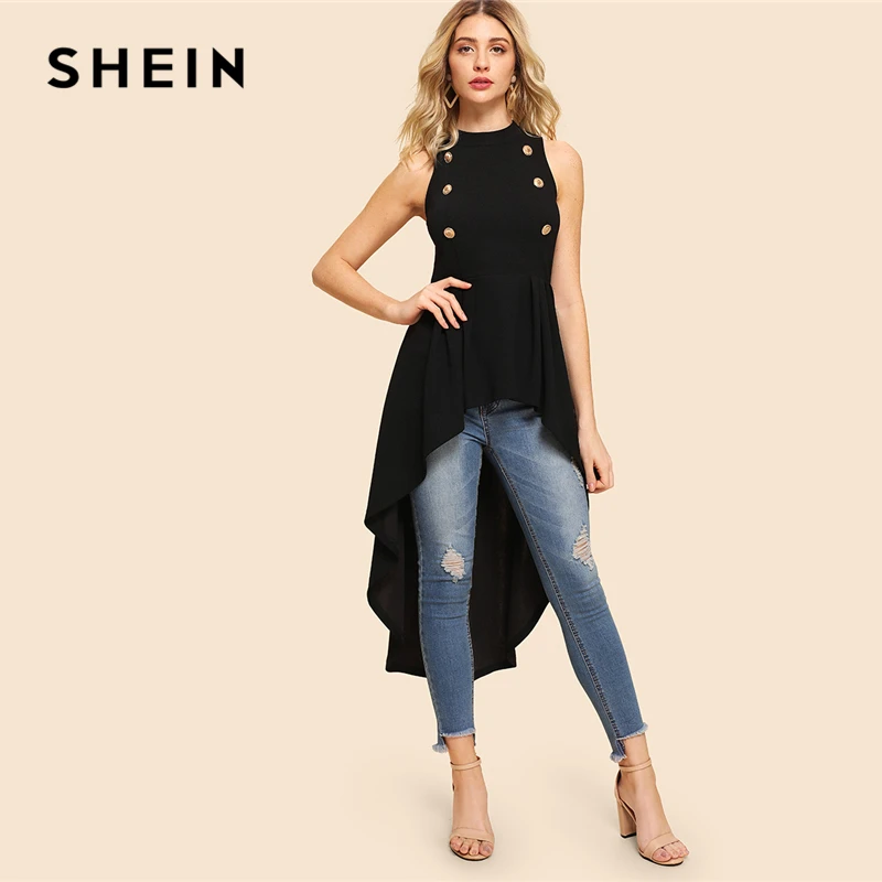 En Ligne SHEIN Noir Élégant Partie Double Bouton Asymétrique Embelli Dip Hem Shell Col Rond Blouse D été Femmes Casual Shirt Top