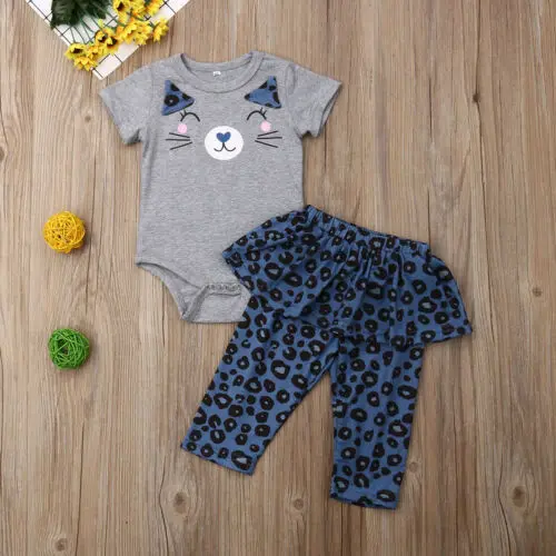 

2019 New Arrival Lovely Newborn Baby Girl Cat Clothes Short Sleeve Romper Top +Floral Printed Trousers Pants Outfit Set