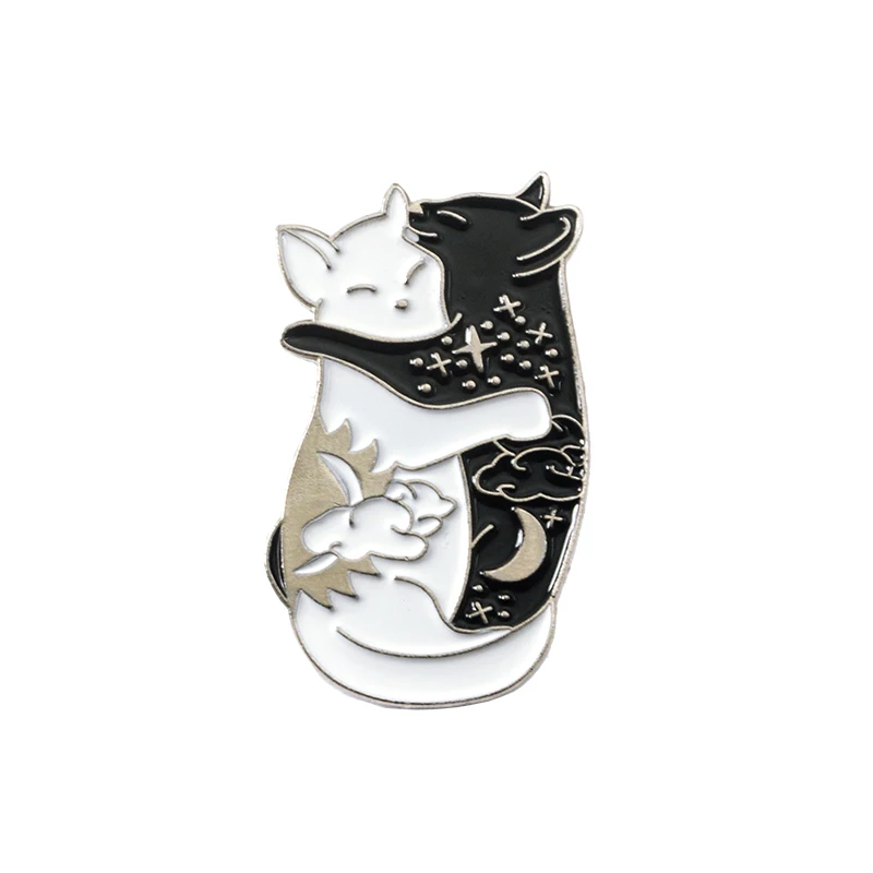 1-2 шт Hug шпилька с подвеской «Кот» брошь эмалированные булавки значок панк Черное и белое Солнце Луна Звезда кошка брошь для женщин мужчин день и ночь котенок булавка - Окраска металла: silver