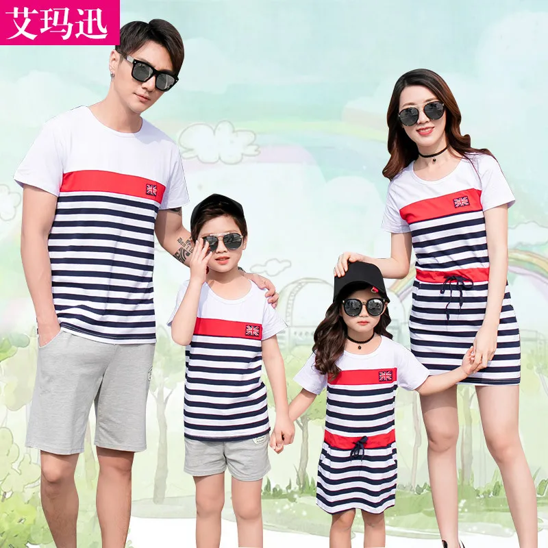 

Mama and Baby Girls Mother Daughter Striped Dress 100% Cotton Top Quality Family Matching T Shirts Top Tee Father and Son Pants