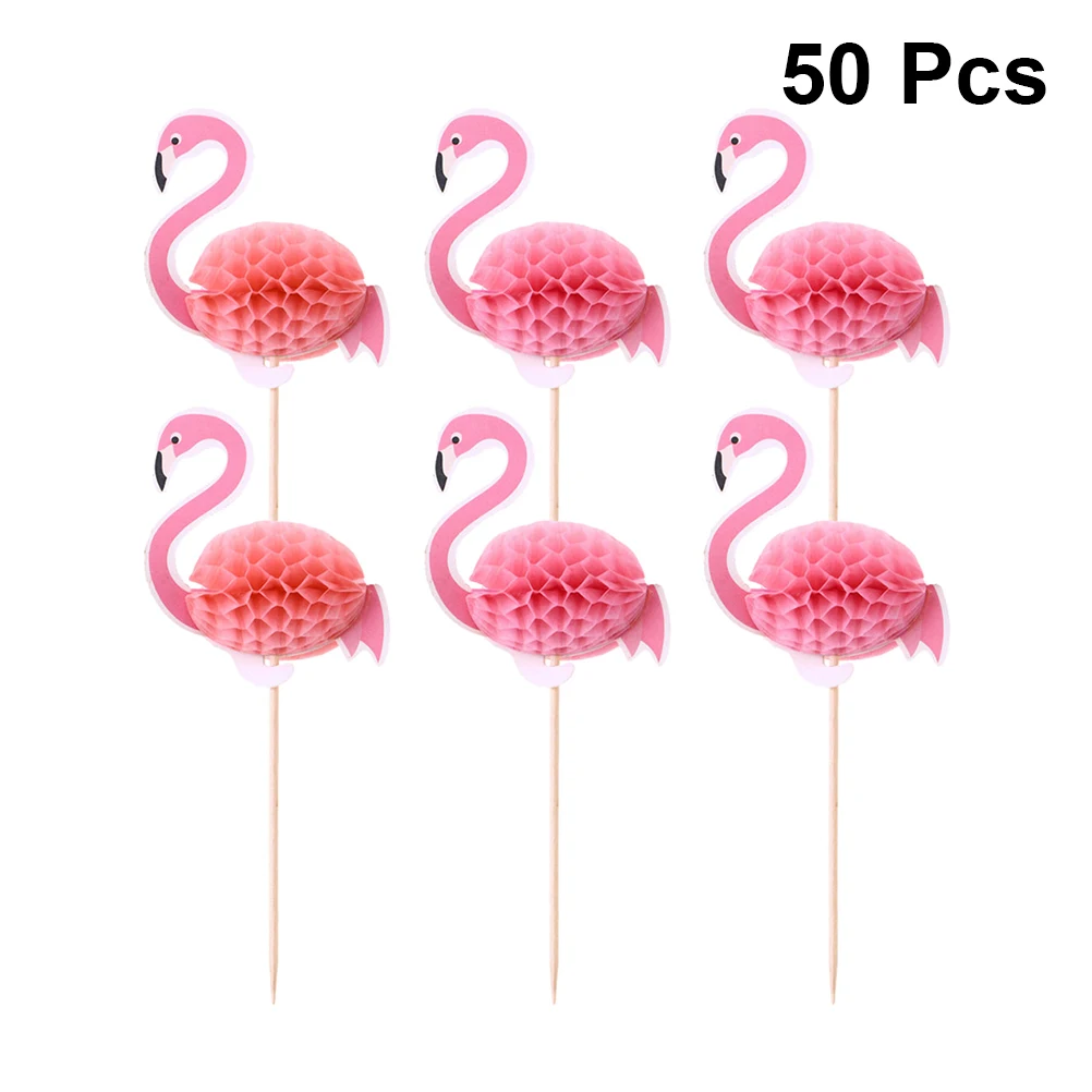 

50pcs/Set Hawaii 3D Flamingo Cake Toppers Creative Cake Fruit Dessert Picks Cake Decoration For Hawaii Party (Pink)
