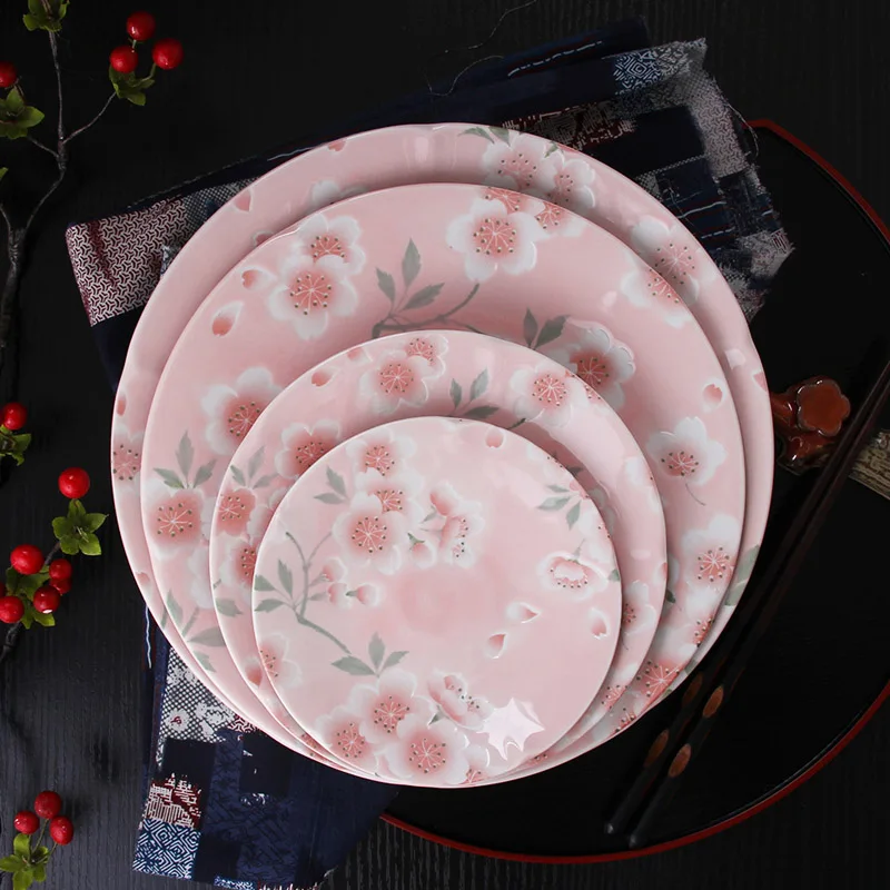 Ceramic Porcelain Plate Dish Set (4 pcs) Dinnerware with Flower Pattern Japanese Stylein