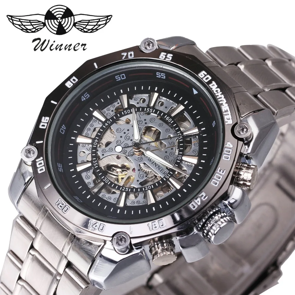 

WINNER Steampunk Men Auto Mechanical Watch 3D Bolt Design Skeleton Dial Stainless Steel Strap Fashion Boyfriend montre homme