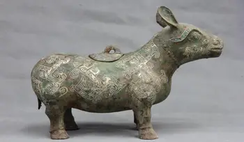

12 Folk Collect Old Bronze silver-gilt Evil OX Bull Rhinoceros Zun Statue Censer