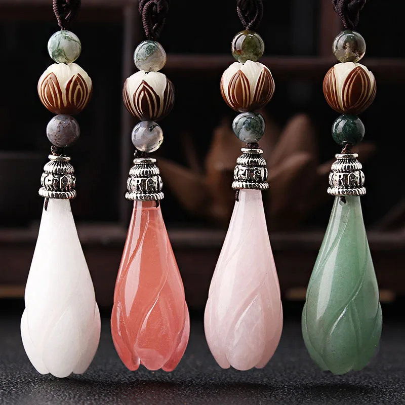 

Natural Crystal Magnolia Flower Pendant Necklace Sweater Chain Long Necklace For Women Multi Color Gemstone Fine Jewelry