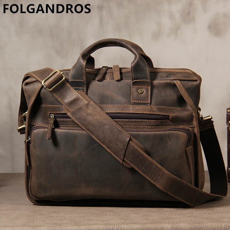 

2019 Brand Genuine Leather Men Briefcases Designer Handmade Cowhide Leather Briefcase 14" Laptop Vintage Crossbody Shoulder Bag
