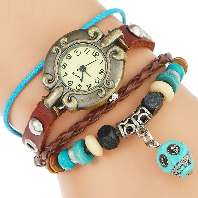 

Top Genuine Ethnic Style Leather Bracelet Women Watch Turquoise Skull Charm Wooden Beads Vintage Fashion Quartz Wristwatch