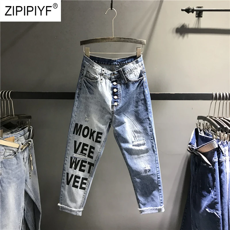 

2019 Spring Women Jeans Casual Cotton Trousers High Waist Washed Denim Jeans Bodycon Fashion Letter Ripped Ladies Pants K540